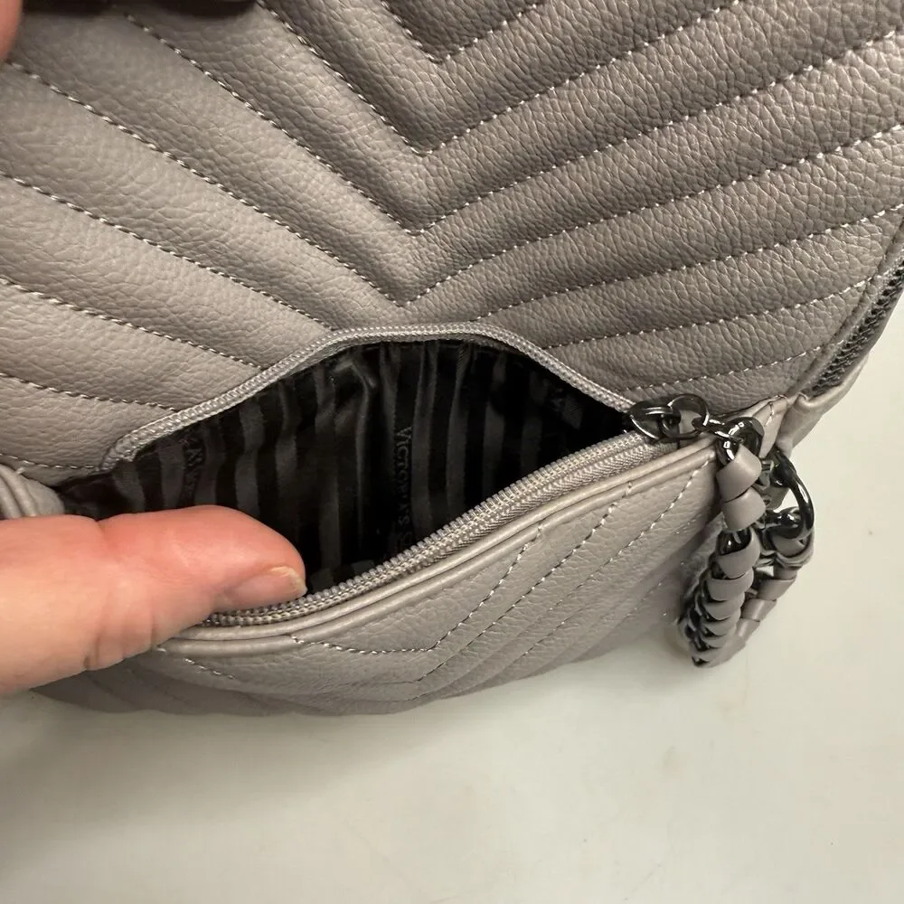 Victoria’s Secret Grey Quilted Mini Backpack Chain Accents 9